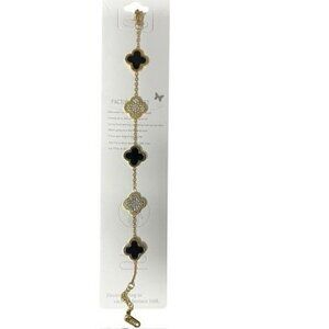 WOMEN PLATED Gold-Tone Clover IRISH SHAMROCK Charm Bracelet With Black & Crystal